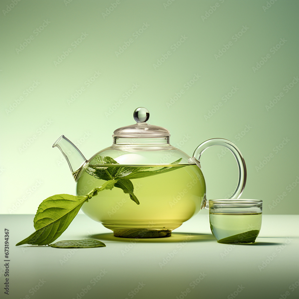 a cup of green tea, fashion, light green background, a galss teapot created with Generative Ai a cup of green tea, fashion, light green background, a galss teapot created with Generative Ai