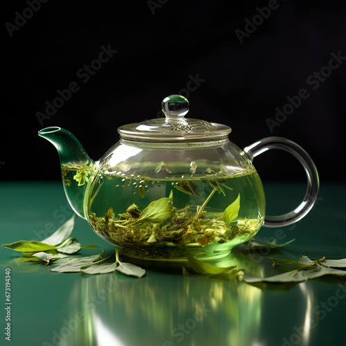 a cup of green tea, fashion, light green background, a galss teapot created with Generative Ai