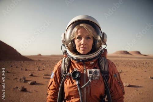 Beautiful adult blonde astronaut woman wearing an orange spacesuit in a new planet © liliyabatyrova
