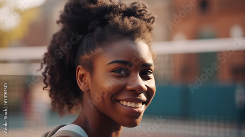 Happy black woman, tennis and professional on court ready for match, game or outdoor sport. Face of African female. Sport concept. Tennis concept. Portrait concept