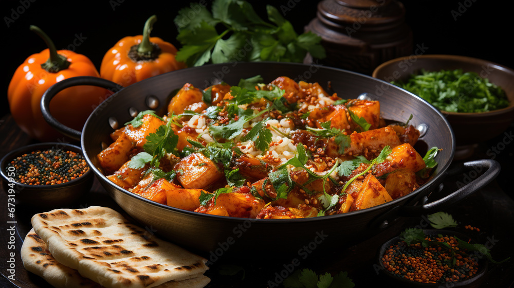 Paneer Sabji or Curry with Two Chappati in Plate on Blurry Background Image Paneer Sabji or Curry with Two Chappati in Plate on Blurry Background Image