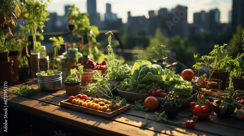 Fresh Vegetables on Wooden Table in Agriculture Field on Selective Focus Background