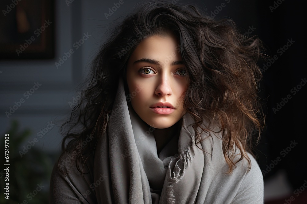 Young woman with symptoms of fever, girl wrapped in a scarf in self-isolation at home Young woman with symptoms of fever, girl wrapped in a scarf in self-isolation at home