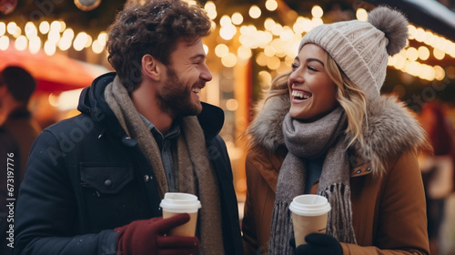 A young cheerful couple having a walk with hot drinks, dressed warm, looking at each other and laughing, snowflakes all around. Enjoying Christmas Market. Chrismas scenery 