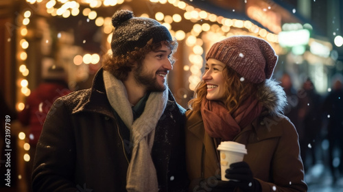 A young cheerful couple having a walk with hot drinks, dressed warm, looking at each other and laughing, snowflakes all around. Enjoying Christmas Market. Chrismas scenery 