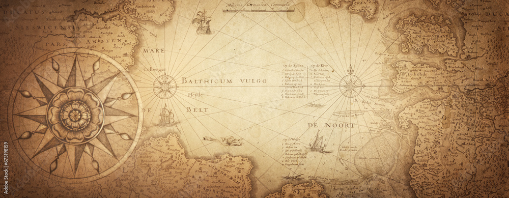 Obraz na płótnie Old map collage background. A concept on the topic of sea voyages, discoveries, pirates, sailors, geography, travel and history.  Pirate, travel and nautical background. w salonie