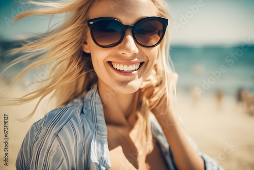 Portrait of Attractive young woman with sunglasses and stunning smile walking on the beach on windy day, AI generated