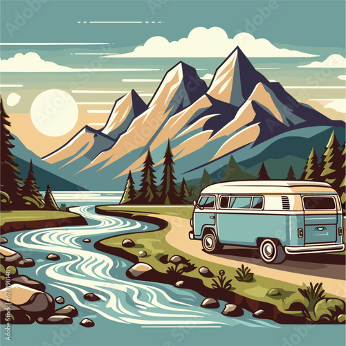 a camper van driving down a road next to a river