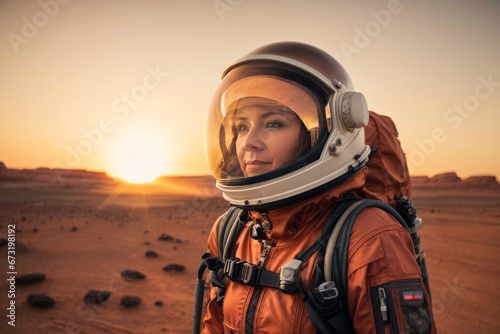 Close-up of a beautiful adult cosmonaut woman putting on a spacesuit in a new planet, copy space. © liliyabatyrova