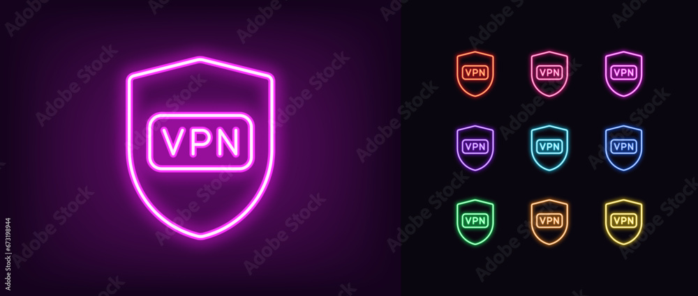 Outline neon VPN icon set. Glowing neon shield sign with VPN button. Safe virtual private network. Secure personal internet access, proxy address. VPN web app, global cyber security. Vector icon set - obrazy, fototapety, plakaty 