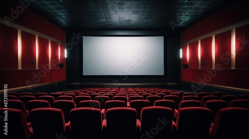 Empty movie theatre. Cinema hall with white screen and red chairs. Modern movies theater for festivals and films presentation. Interior design