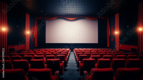 Empty movie theatre. Cinema hall with white screen and red chairs. Modern movies theater for festivals and films presentation. Interior design