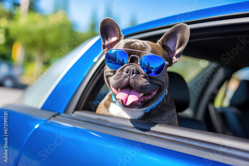 Cute French bulldog with sunglasses looks out of the window of a car and enjoys the view © EKH-Pictures