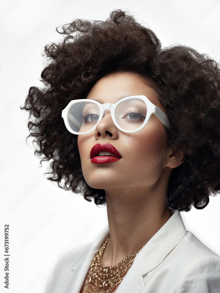 advertising portrait of beautiful brunette with white modern glasses for optician's shop