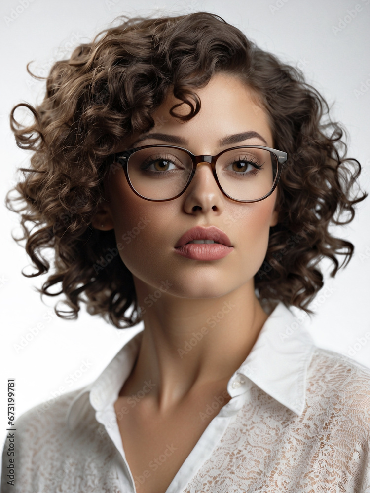 advertising portrait of beautiful brunette with wavy hair and modern glasses for optician's shop