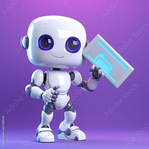 a cool AI character holding a sign in a classic way and the sign is blank, clean and in purple and blue colors created with Generative Ai