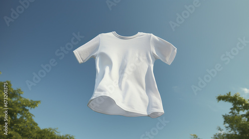 Floating  white t shirt mockup on blue sky.