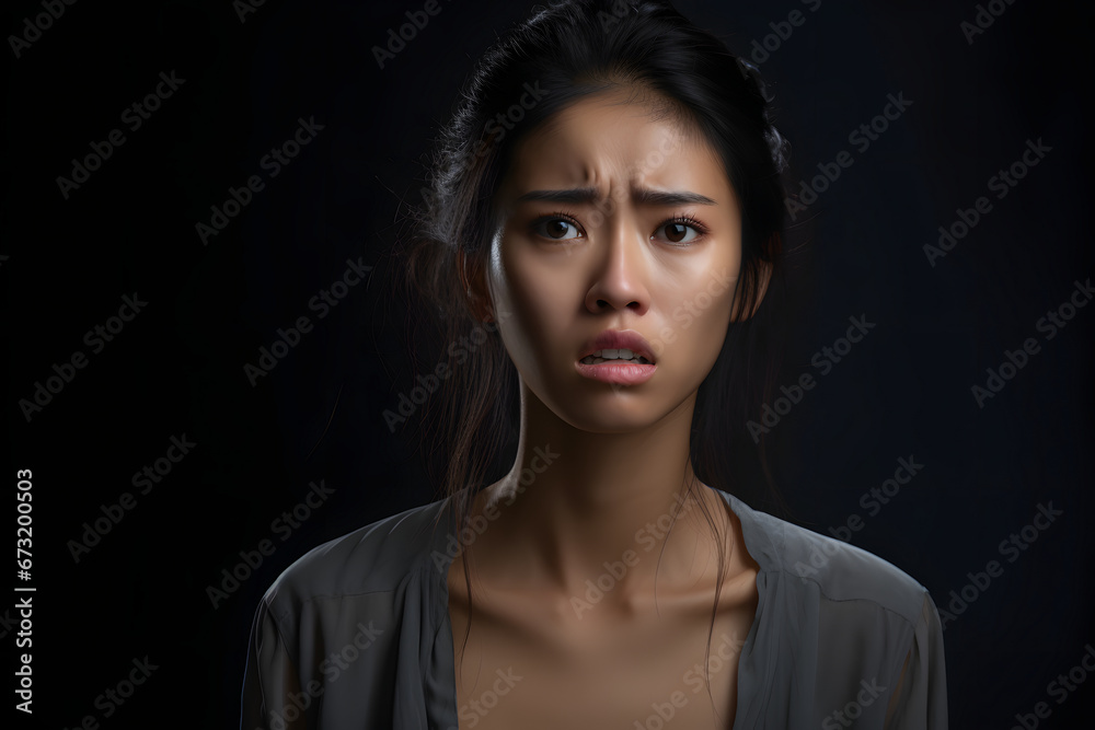Sad Asian young adult woman portrait on black background. Neural network generated photorealistic image. Not based on any actual person or scene.