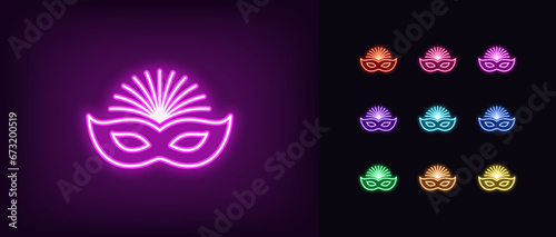 Outline neon carnival mask icon set. Glowing neon Carnival mask sign with feathers. Festival costume and face decoration. Facial mask for Brazil carnival, Mardi Gras, Venice masquerade. Vector icons