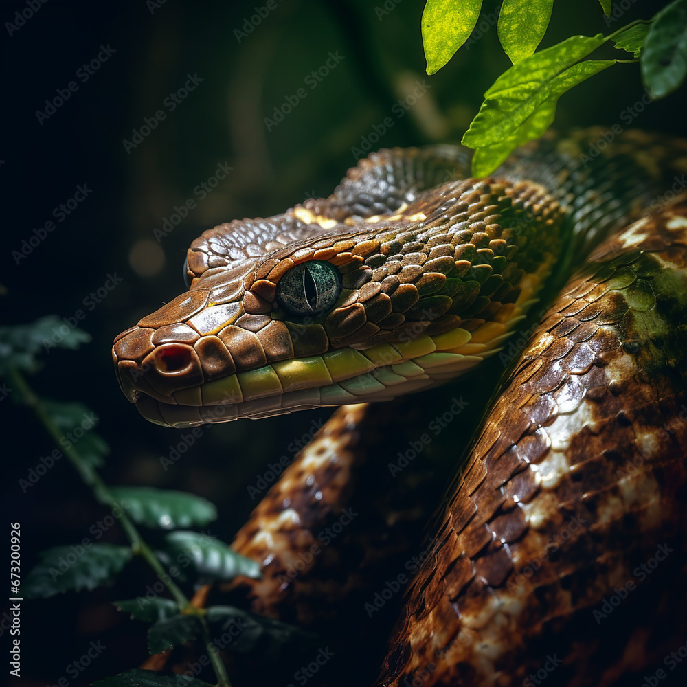 Fototapeta premium pit viper snake wrapped around tree branch vertically with head forward created with Generative Ai