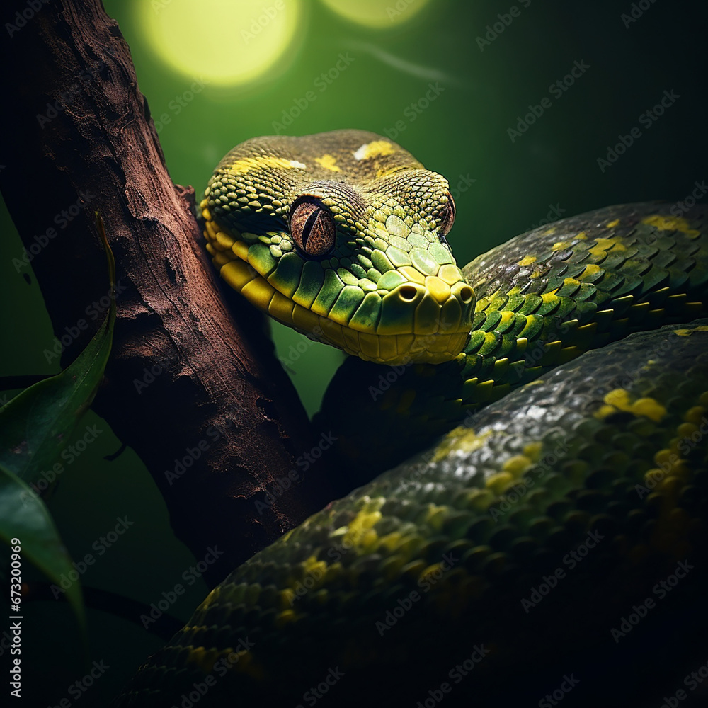 Snake Rapped Around Tree pit viper snake wrapped around tree branch vertically with head forward ...