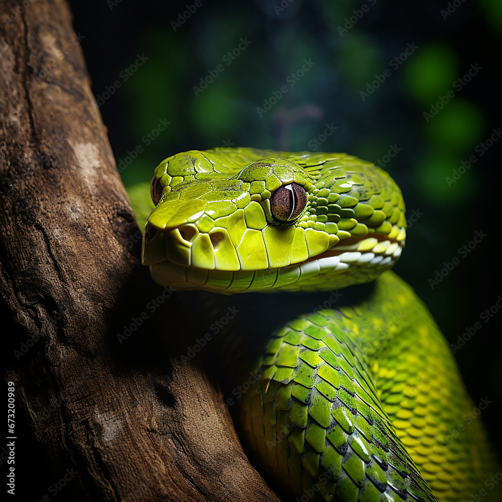 pit viper snake wrapped around tree branch vertically with head forward created with Generative Ai - obrazy, fototapety, plakaty 