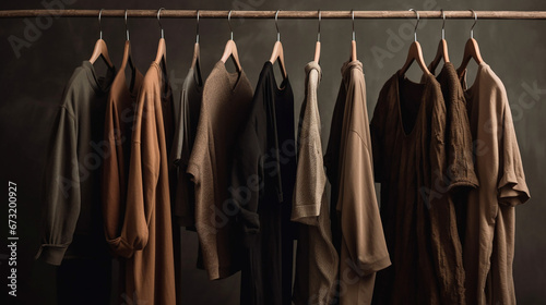 Hanger full of a lot of dark clothes perfect for winter or autumn 