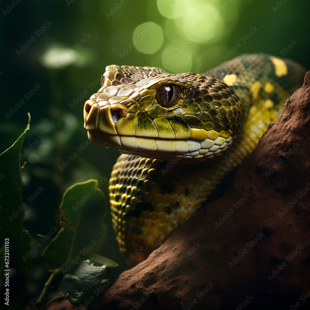 pit viper snake wrapped around tree branch vertically with head forward created with Generative Ai pit viper snake wrapped around tree branch vertically with head forward created with Generative Ai