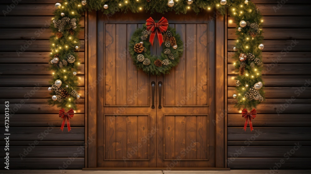 Christmas wreath on the background of a wooden light modern door 