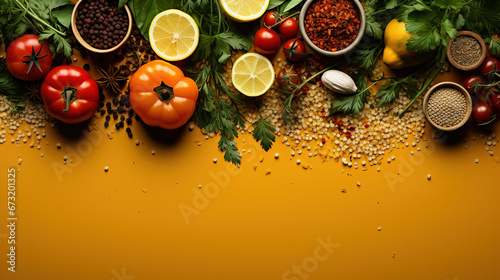 Top View of Spices and Vegetables Flat Lay With Copy Space on Selective Focus Yellow Background