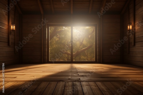 3d-rendered wooden room with spotlights. Generative AI