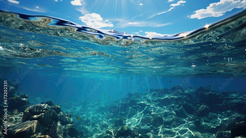underwater view of the sea with coral reefs and bright blue cloudy sky