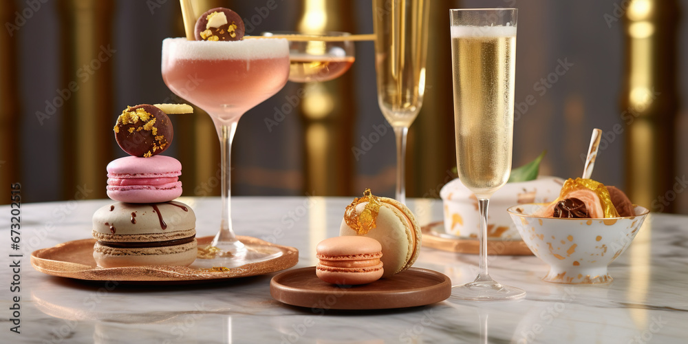 Assortment of Cake Desserts on A Marble Table Top Next to Champagne Iridescent powder, Macarons and gold Leaf Chocolate Blurry Background