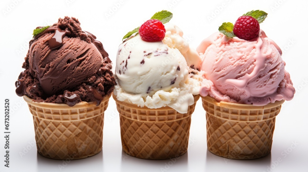 Chocolate, vanilla and strawberry ice cream in a cone on a white background Chocolate, vanilla and strawberry ice cream in a cone on a white background