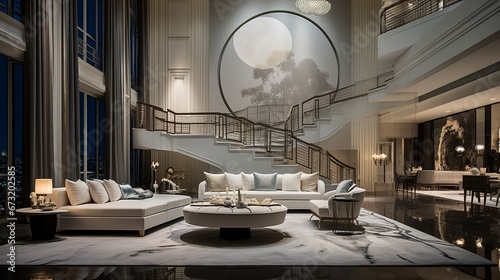 an apartment with a large staircase, floor lamps and white furniture, in the style of northern china's terrain, opaque resin panels, rendered in maya, exquisite craftsmanship, deco-inspired geometric  © artist