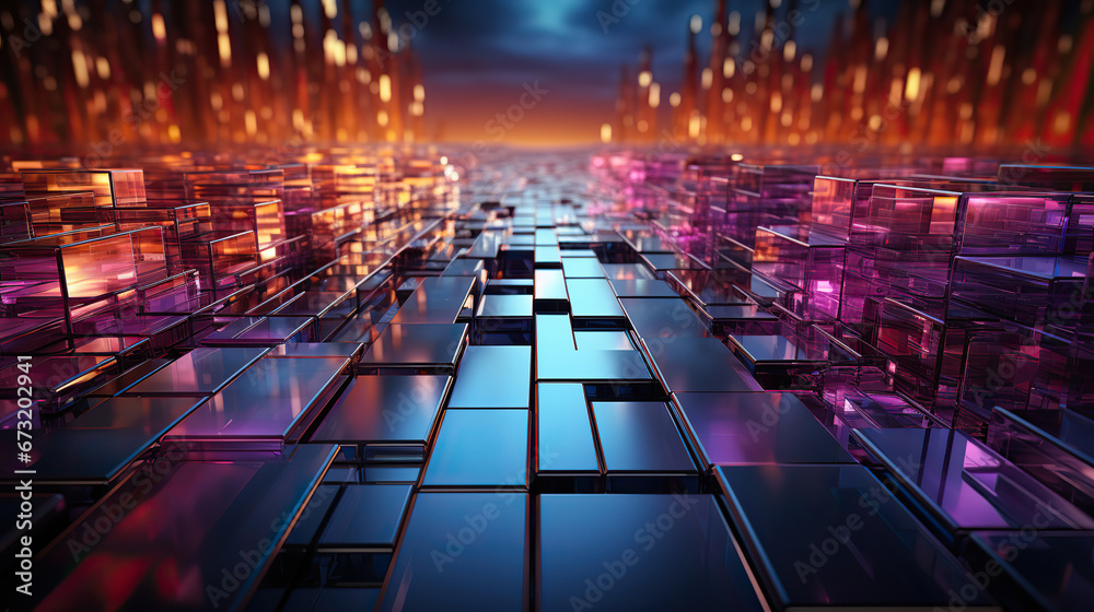 Glowing Grid: A Futuristic Dance of Cubes,electronic circuit board,abstract background,abstract background with glowing lines