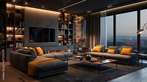 apartment design ideas with lots of lights, in the style of dark gray and gold, heavy lines, decorative, wood, high quality photo, postmodernist photo