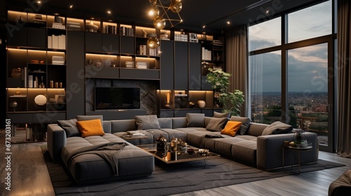 apartment design ideas with lots of lights  in the style of dark gray and gold  heavy lines  decorative  wood  high quality photo  postmodernist