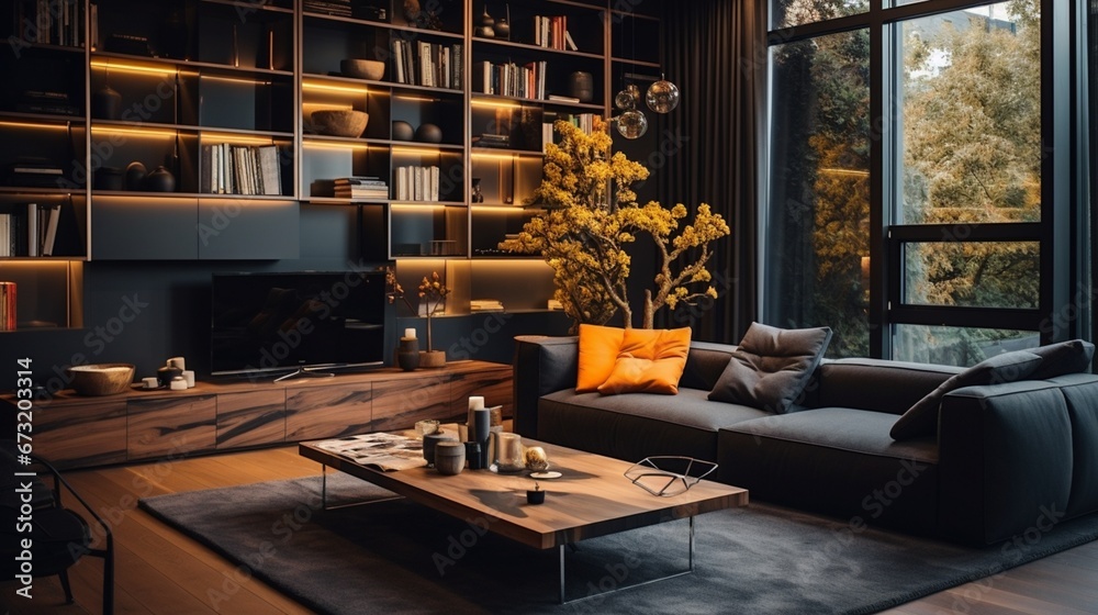 apartment design ideas with lots of lights, in the style of dark gray and gold, heavy lines, decorative, wood, high quality photo, postmodernist apartment design ideas with lots of lights, in the style of dark gray and gold, heavy lines, decorative, wood, high quality photo, postmodernist