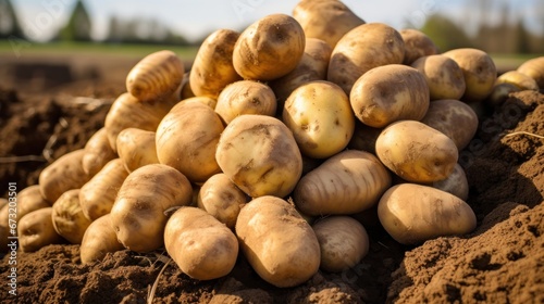 Fresh potatoes stacked on farm soil. Food, vegetables, agriculture 