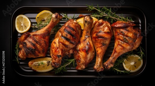 Grilled chicken. Grilled chicken legs, drumsticks with addition, garlic, lemon and rosemary on grill plate, top view. Grill food 