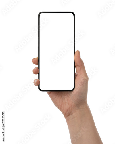 Young female hand holding generic smartphone with white screen isolated on white