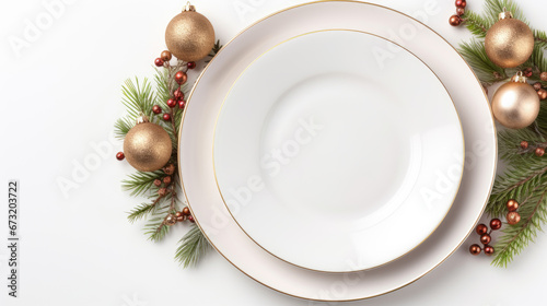 A festive scene showcases a white plate , surrounded by shimmering baubles, golden stars, and pine branches.