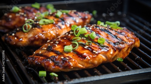 Grilled teriyaki honey ginger chicken breast on a grill pan with green onions