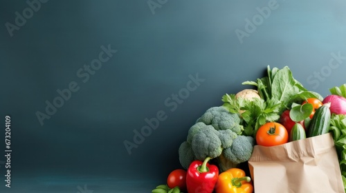 Healthy food background. Healthy vegan vegetarian food in paper bag vegetables and fruits on blue  copy space  banner. Shopping food supermarket and clean vegan eating concept 