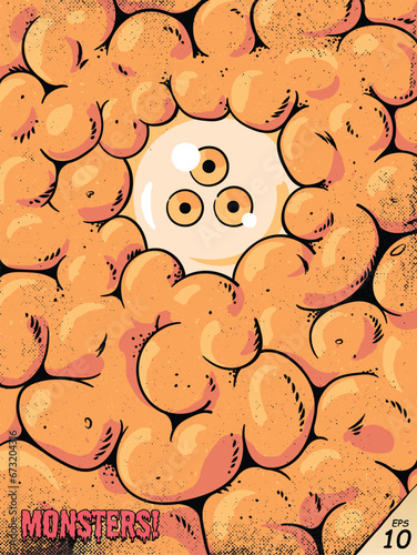 Monster face. Orange mutant creature. Horror character, grunge poster