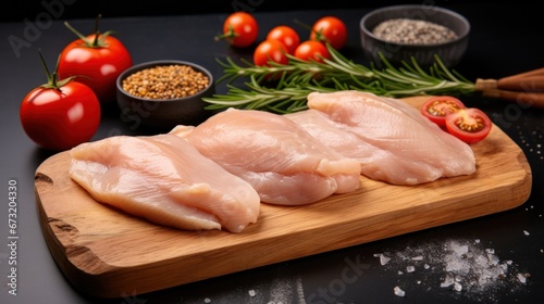 Raw chicken fillet on a cutting board with rosemary, spices, tomatoes and pepper on a stone background