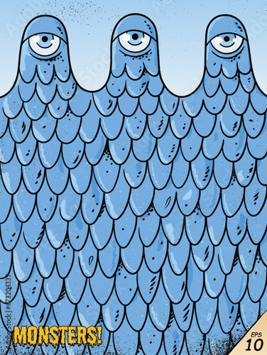 Monster face. Blue mutant creature. Horror character, grunge poster