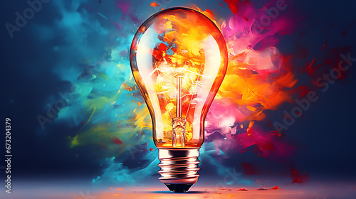 Mind Unleashed: Creative Light Bulb Amidst Multicolored Splash Paint, Powered by Generative AI