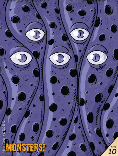 Monster face. Blue mutant creature. Horror character, grunge poster
